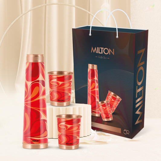 Milton Copper Eterna Diwali Gift Set (1 - Bottle 930 ml and 2-Tumbler 290 ml Each) Abstract Red Lacquer Coating Curved Bottle