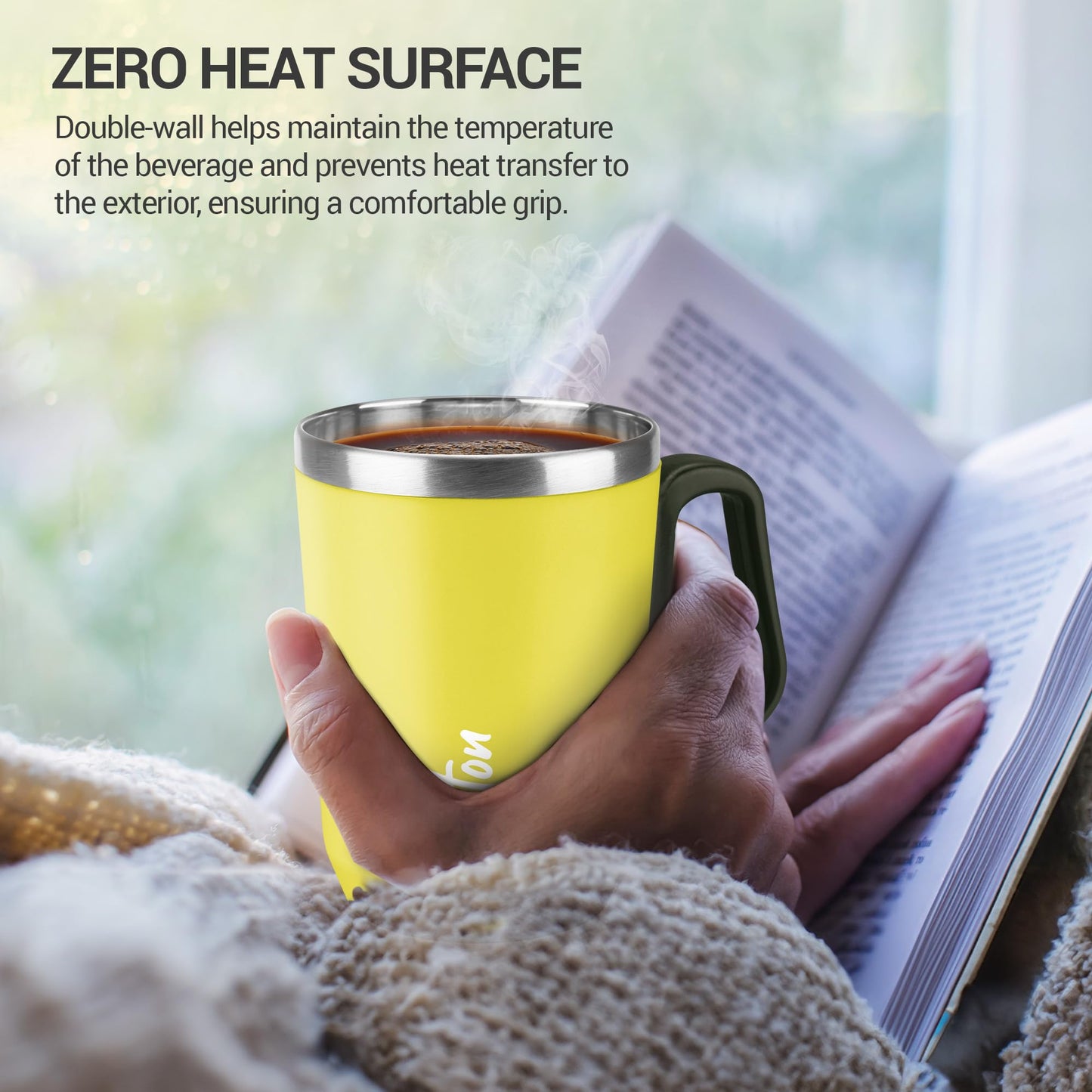 Milton Cool Touch Coastal 350 Stainless Steel Mug with Lid 300 ml Yellow Wide Mouth for Easy Cleaning Sturdy Handle Hot and Cold Beverages Flap Lid Microwave Safe Light Weight BPA Free
