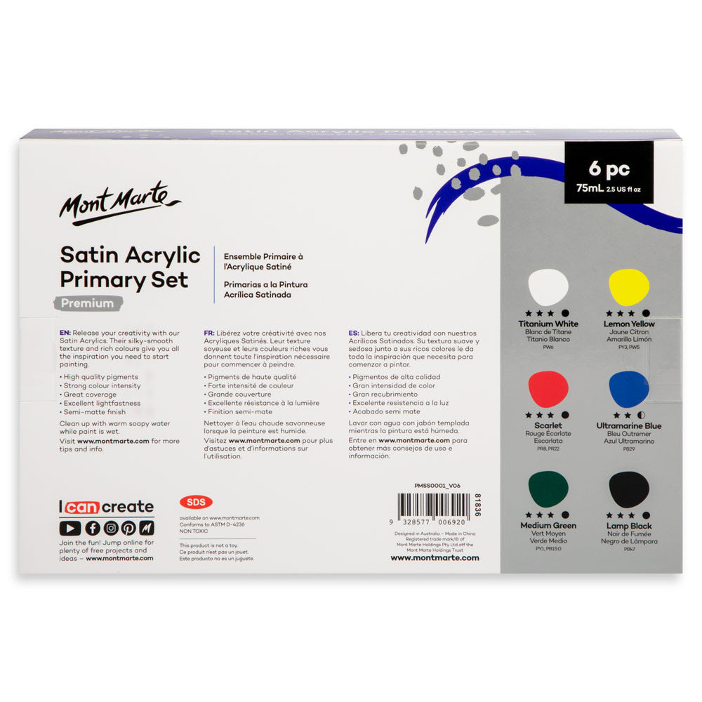 Mont Marte Satin Acrylic Primary Set 6 x 75ml (2.5 US fl.oz)