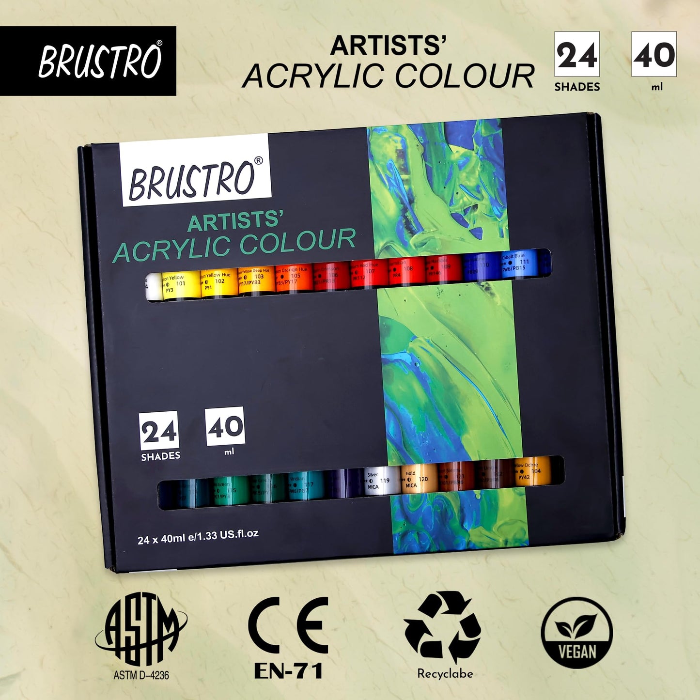 Brustro Artist's Acrylic Colour Paint Set of 24 x 40ml Color Tubes