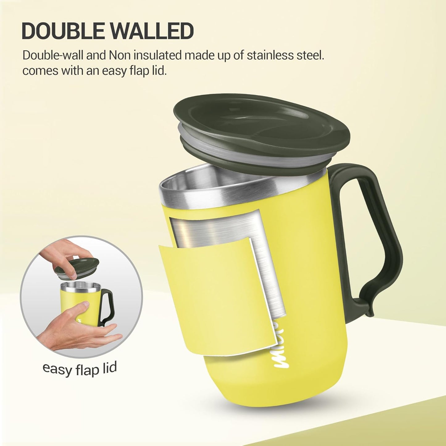 Milton Cool Touch Coastal 350 Stainless Steel Mug with Lid 300 ml Yellow Wide Mouth for Easy Cleaning Sturdy Handle Hot and Cold Beverages Flap Lid Microwave Safe Light Weight BPA Free