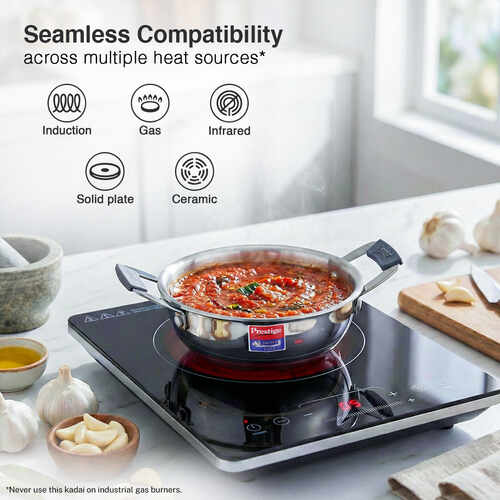 Prestige 12cm/400ml Tri-Ply Stainless Steel Cute Kadai Gas & Induction Compatible Even Heat Distribution Perma-Cool Handles Thick Gauge Life Time Warranty