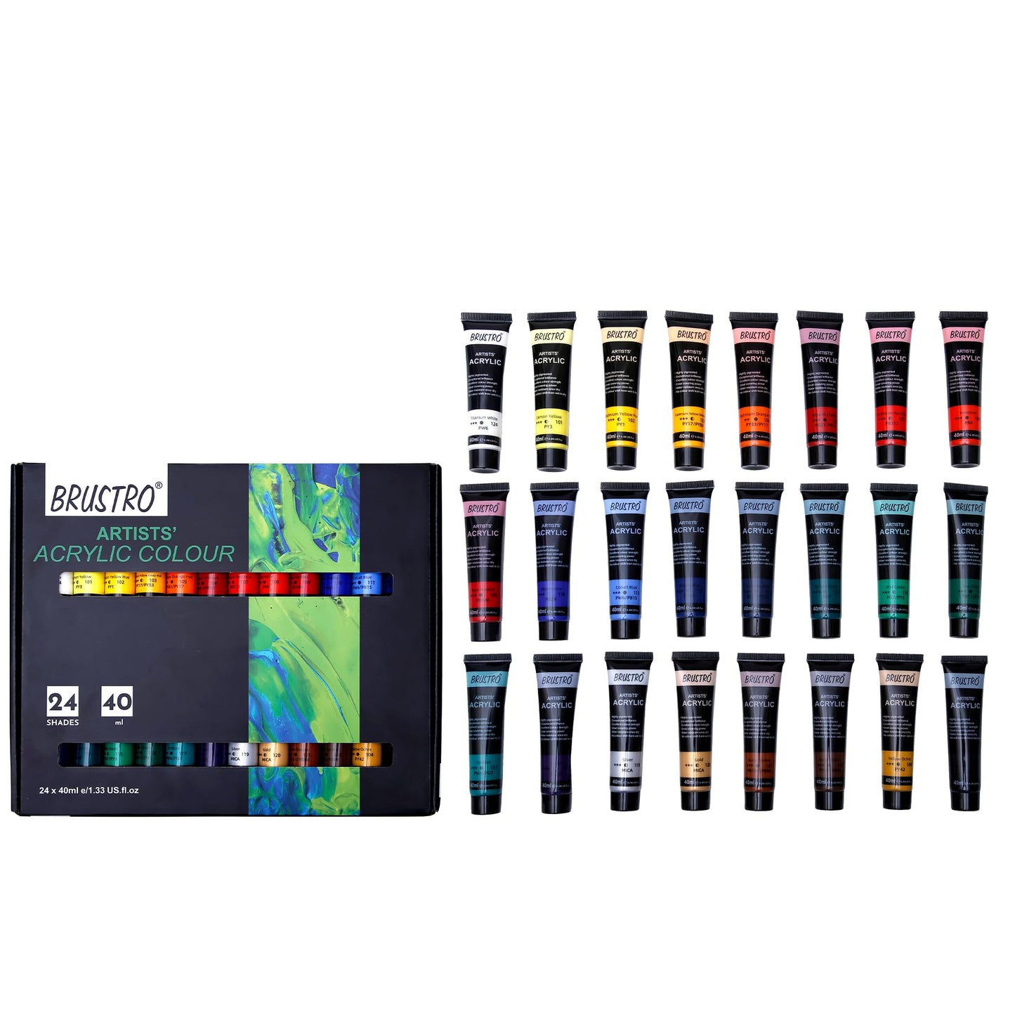 Brustro Artist's Acrylic Colour Paint Set of 24 x 40ml Color Tubes
