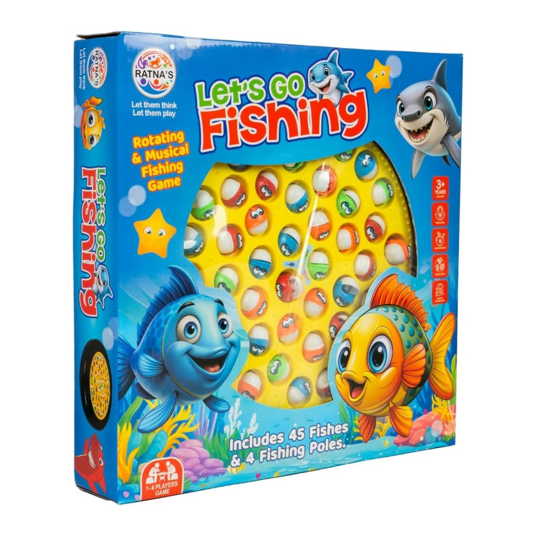 Ratna's Lets Go Fishing Musical Board Fish Game with Rotating Pond, 45 Fishes & 4 Fishing Poles, 1-4 Players Board Games for Kids 4+ Years