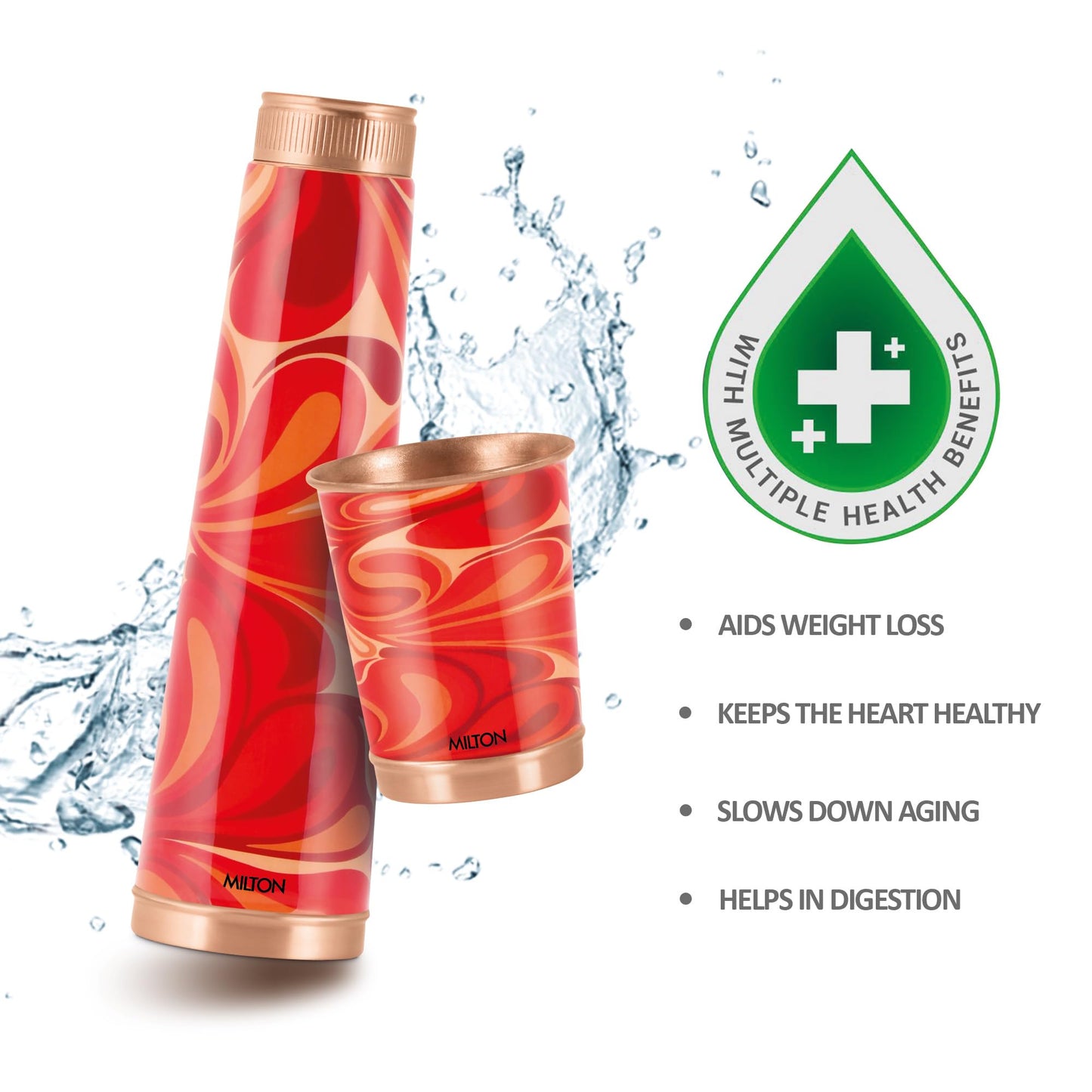 Milton Copper Eterna Diwali Gift Set (1 - Bottle 930 ml and 2-Tumbler 290 ml Each) Abstract Red Lacquer Coating Curved Bottle