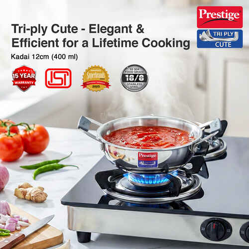 Prestige 12cm/400ml Tri-Ply Stainless Steel Cute Kadai Gas & Induction Compatible Even Heat Distribution Perma-Cool Handles Thick Gauge Life Time Warranty