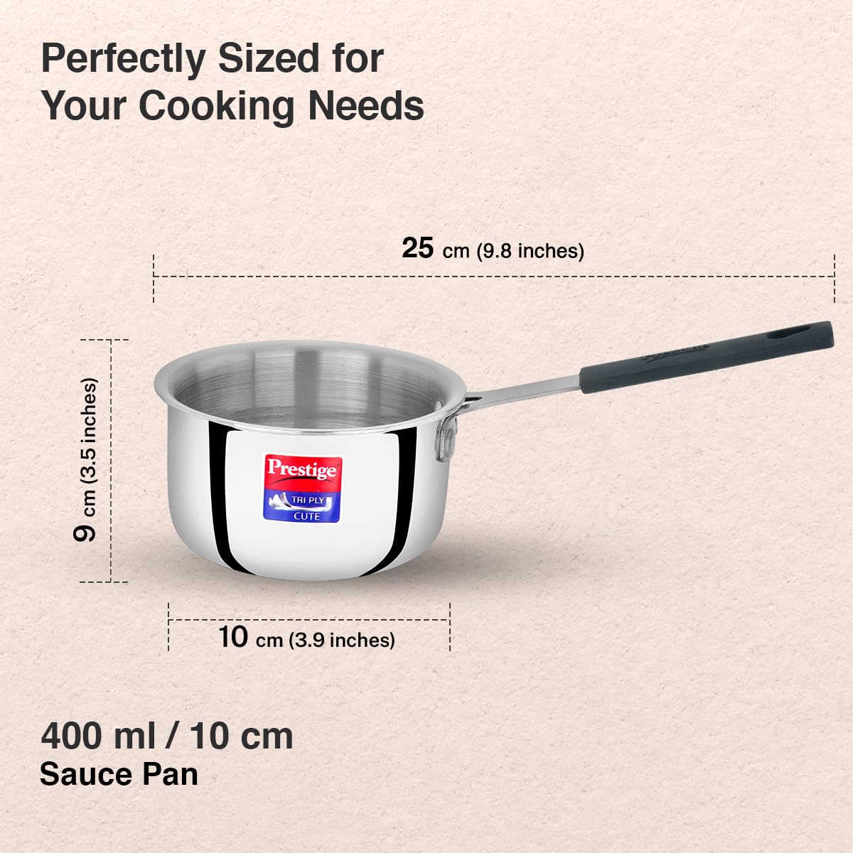 Prestige 10cm/400ml Tri-Ply Stainless Steel Cute Sauce Pan Gas & Induction Compatible Even Heat Distribution Perma-Cool Handles Thick Gauge Life Time Warranty