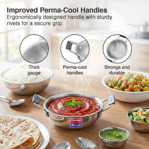 Prestige 12cm/400ml Tri-Ply Stainless Steel Cute Kadai Gas & Induction Compatible Even Heat Distribution Perma-Cool Handles Thick Gauge Life Time Warranty