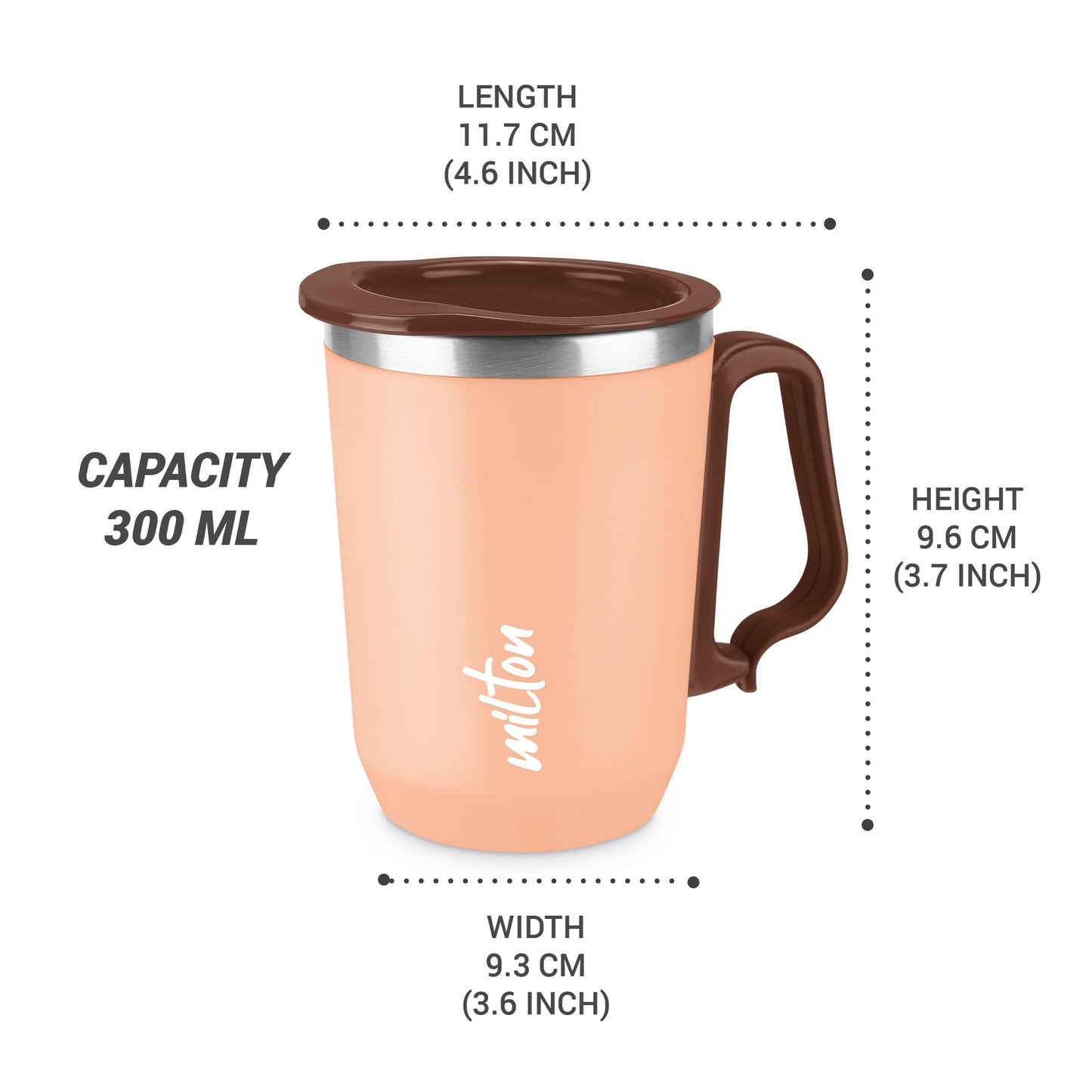 Milton Cool Touch Coastal 350 Stainless Steel Mug with Lid 300 ml Peach Wide Mouth for Easy Cleaning Sturdy Handle Hot and Cold Beverages Flap Lid Microwave Safe Light Weight BPA Free
