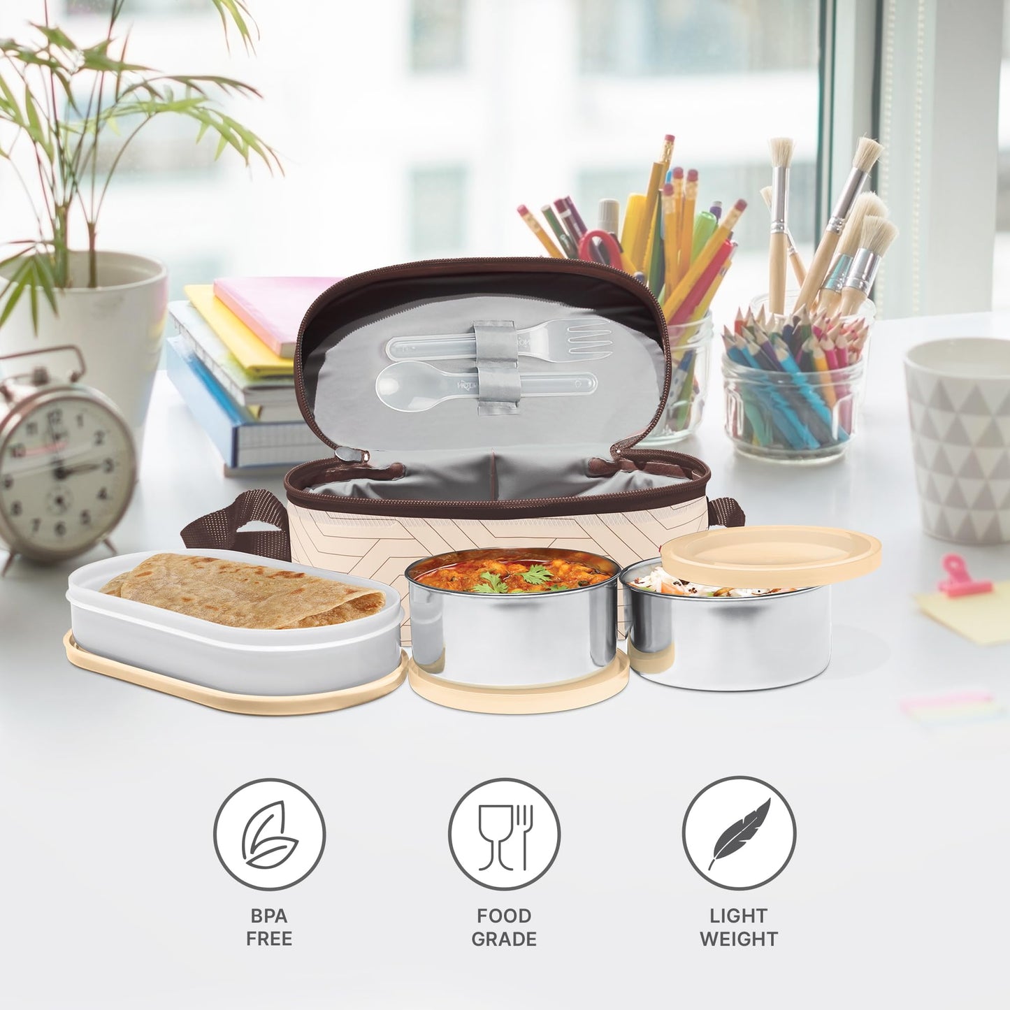 Milton Executive Lunch Box 2 Inner Steel Round Containers 280ml Each and 1 Microwave Safe Oval Plastic Container 450ml with Insulated Bag Office Tiffin Leakproof Easy to Carry - Beige