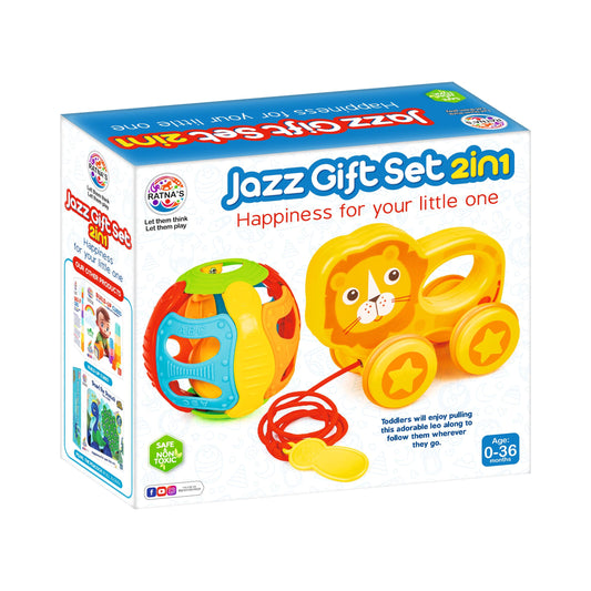 Ratna's Jazz Gift Set, 2-in-1 Baby Toys with Pull Along Lion and Rattling Ball, New Born Toys for 6 Month+ Old Baby