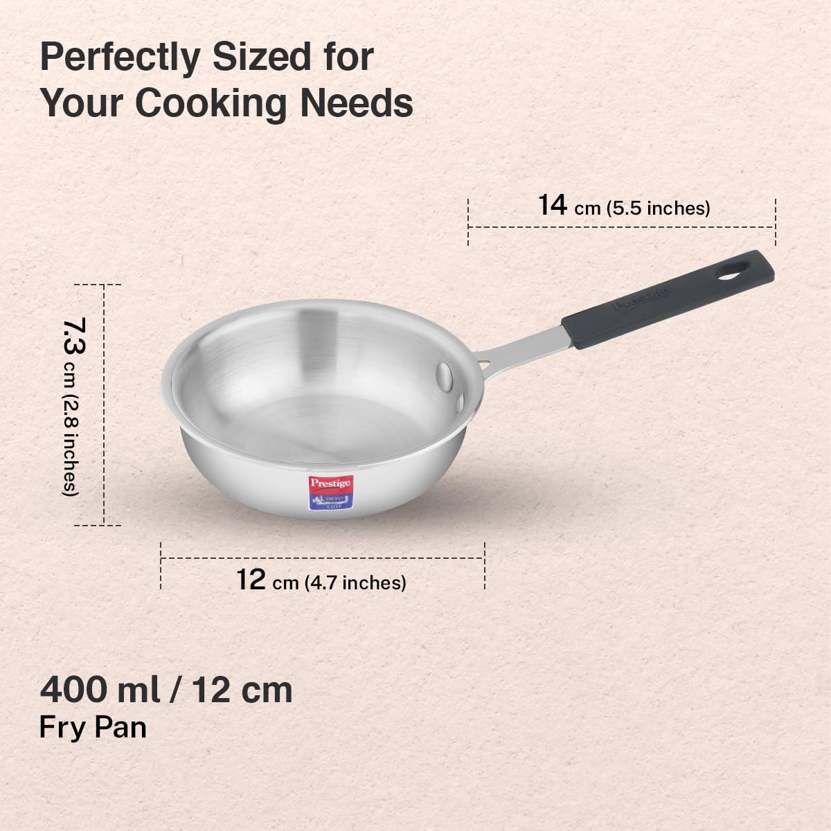 Prestige 12cm/400ml Tri-Ply Stainless Steel Cute Fry Pan Gas & Induction Compatible Even Heat Distribution Perma-Cool Handles Thick Gauge Life Time Warranty