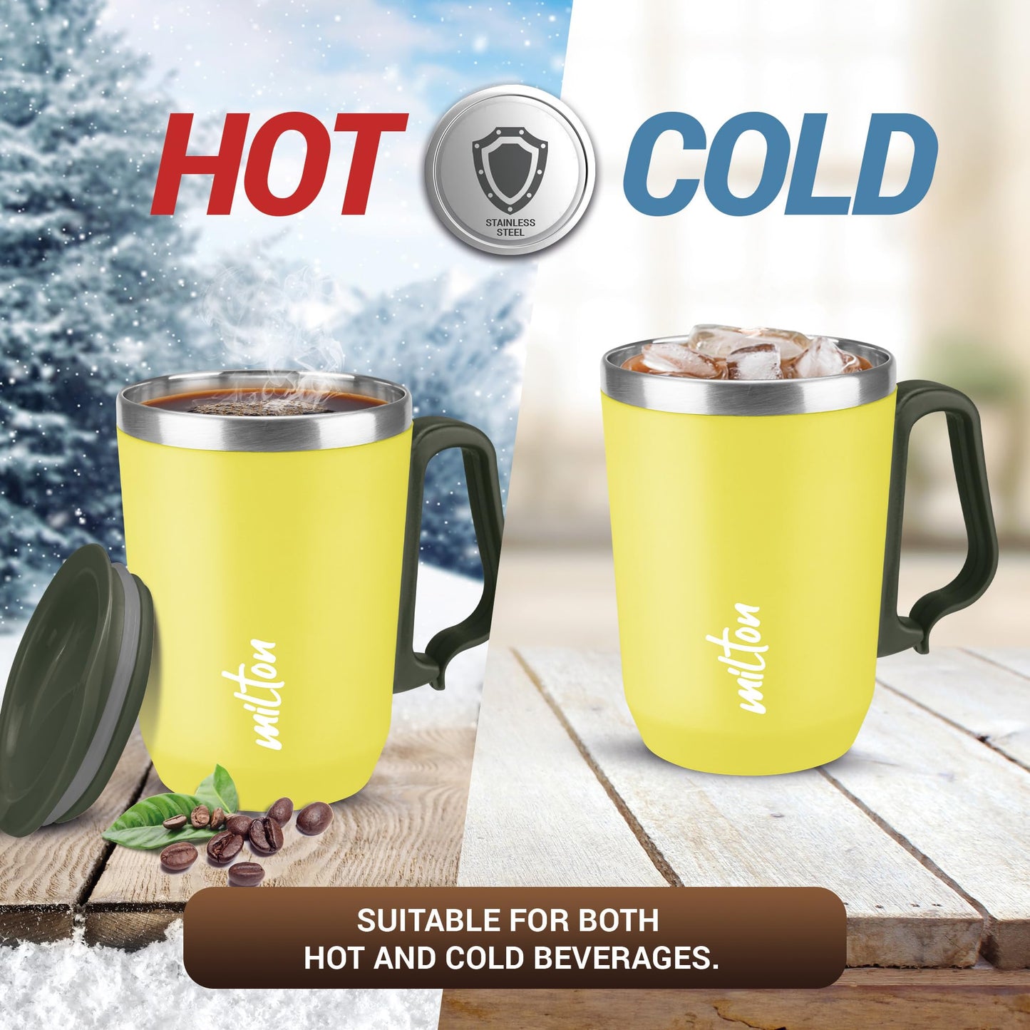 Milton Cool Touch Coastal 350 Stainless Steel Mug with Lid 300 ml Yellow Wide Mouth for Easy Cleaning Sturdy Handle Hot and Cold Beverages Flap Lid Microwave Safe Light Weight BPA Free