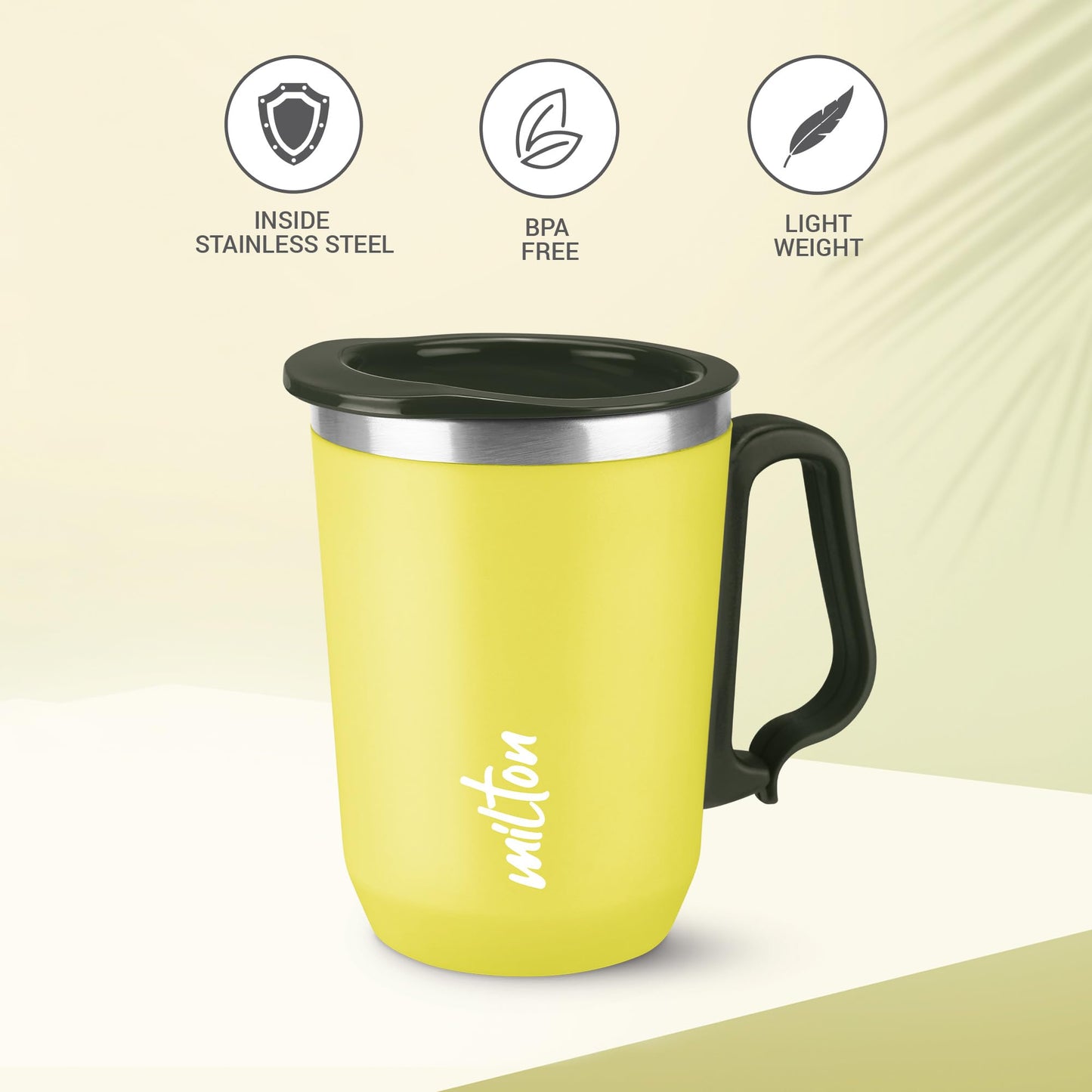 Milton Cool Touch Coastal 350 Stainless Steel Mug with Lid 300 ml Yellow Wide Mouth for Easy Cleaning Sturdy Handle Hot and Cold Beverages Flap Lid Microwave Safe Light Weight BPA Free