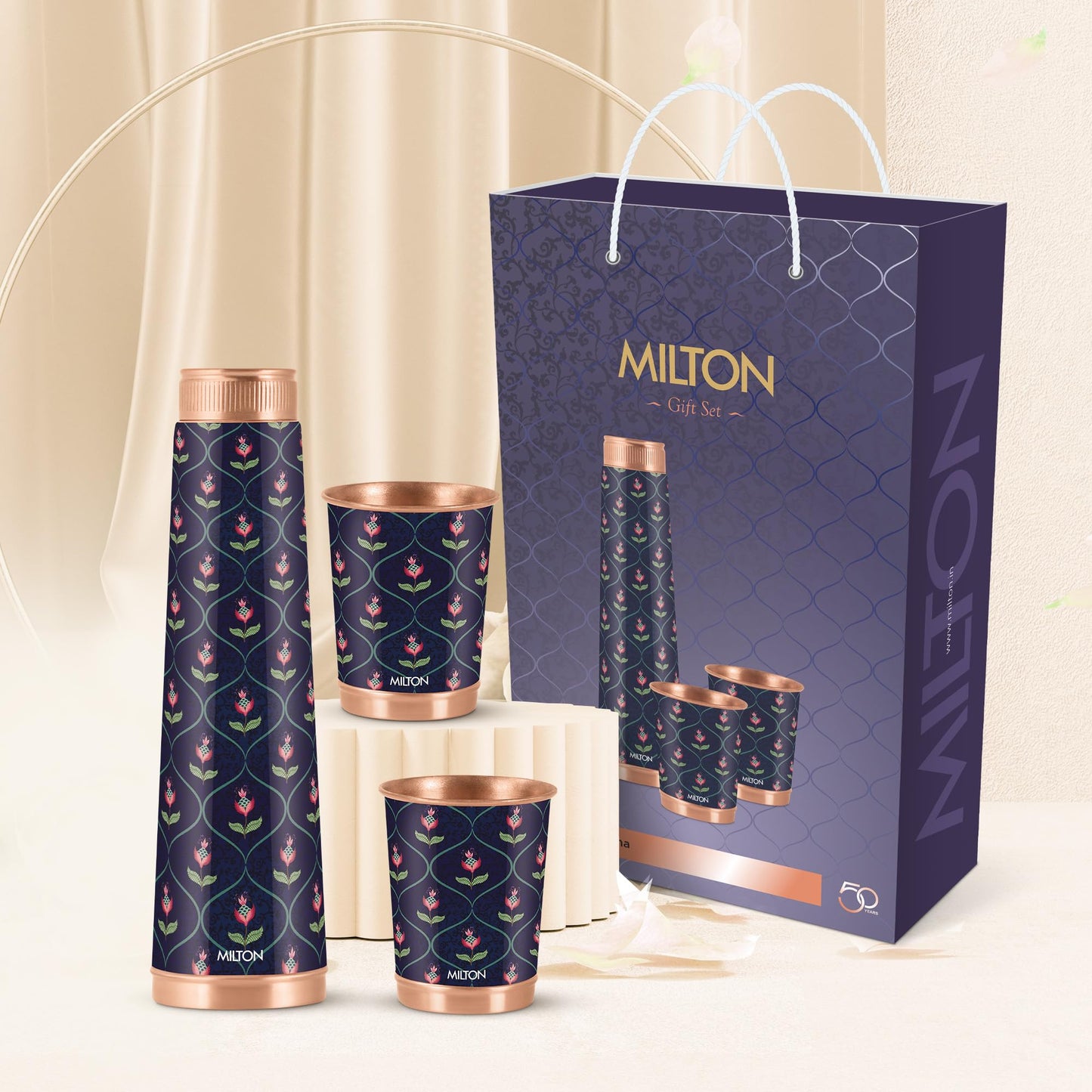 Milton Copper Eterna Diwali Gift Set (1- Bottle 930 ml and 2-Tumbler 290 ml Each) Ethnic Blue