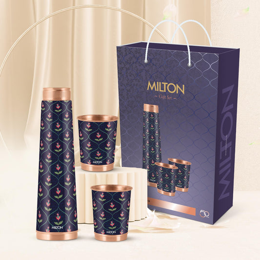 Milton Copper Eterna Diwali Gift Set (1- Bottle 930 ml and 2-Tumbler 290 ml Each) Ethnic Blue