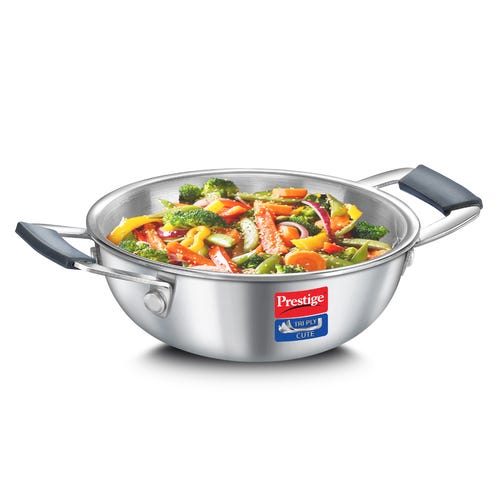 Prestige 12cm/400ml Tri-Ply Stainless Steel Cute Kadai Gas & Induction Compatible Even Heat Distribution Perma-Cool Handles Thick Gauge Life Time Warranty