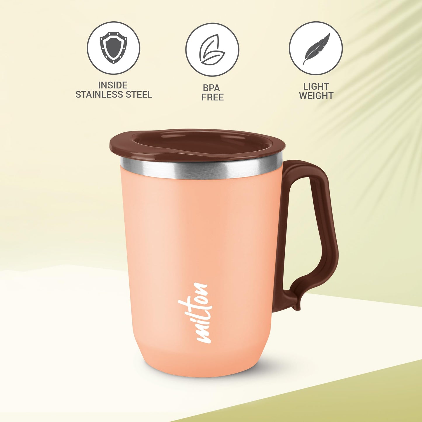 Milton Cool Touch Coastal 350 Stainless Steel Mug with Lid 300 ml Peach Wide Mouth for Easy Cleaning Sturdy Handle Hot and Cold Beverages Flap Lid Microwave Safe Light Weight BPA Free