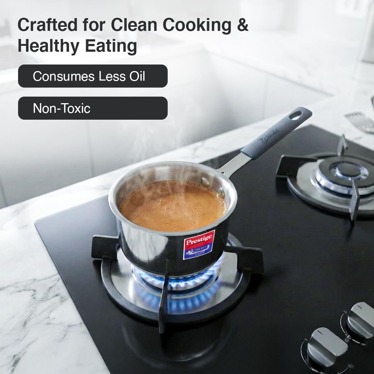 Prestige 10cm/400ml Tri-Ply Stainless Steel Cute Sauce Pan Gas & Induction Compatible Even Heat Distribution Perma-Cool Handles Thick Gauge Life Time Warranty