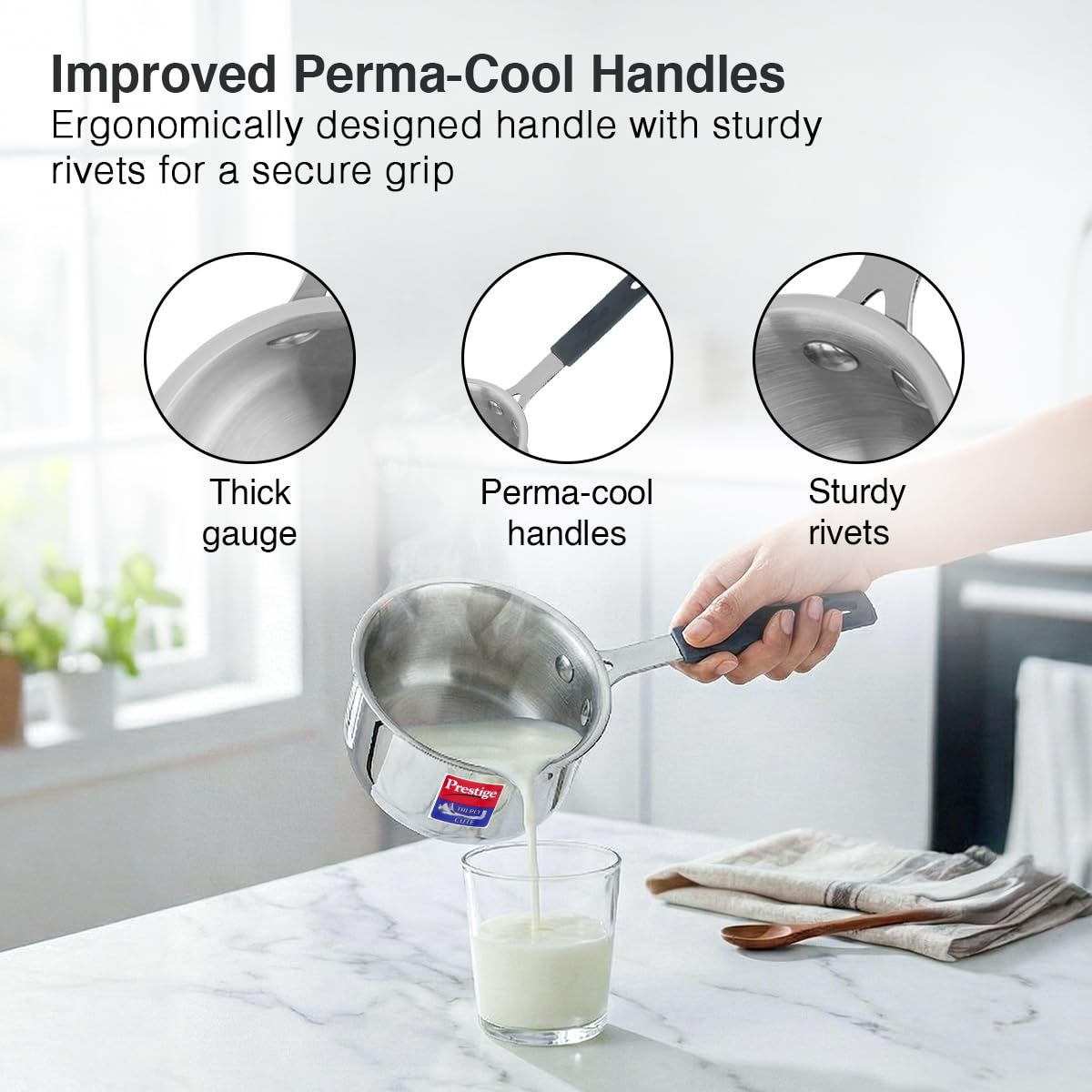 Prestige 10cm/400ml Tri-Ply Stainless Steel Cute Sauce Pan Gas & Induction Compatible Even Heat Distribution Perma-Cool Handles Thick Gauge Life Time Warranty