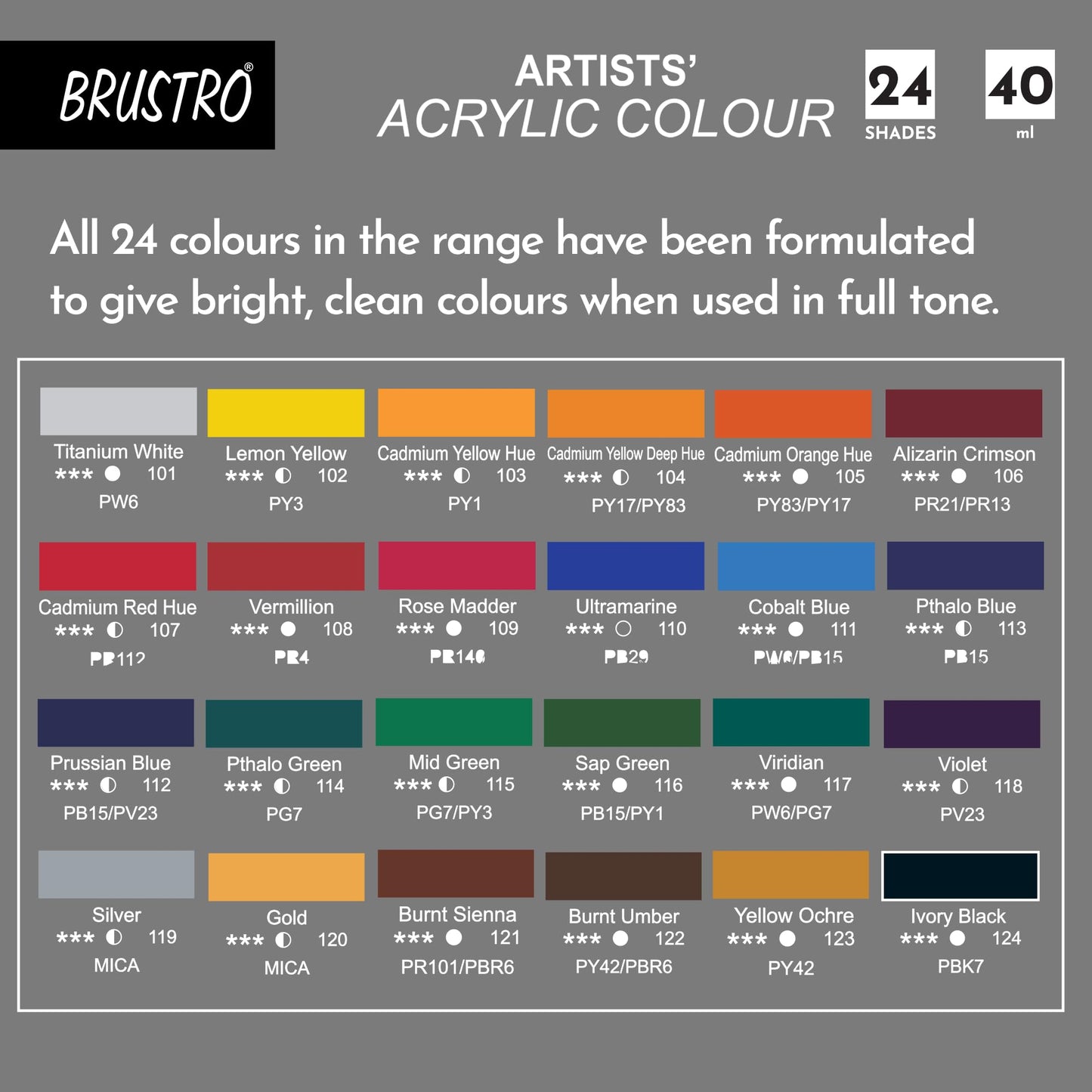 Brustro Artist's Acrylic Colour Paint Set of 24 x 40ml Color Tubes