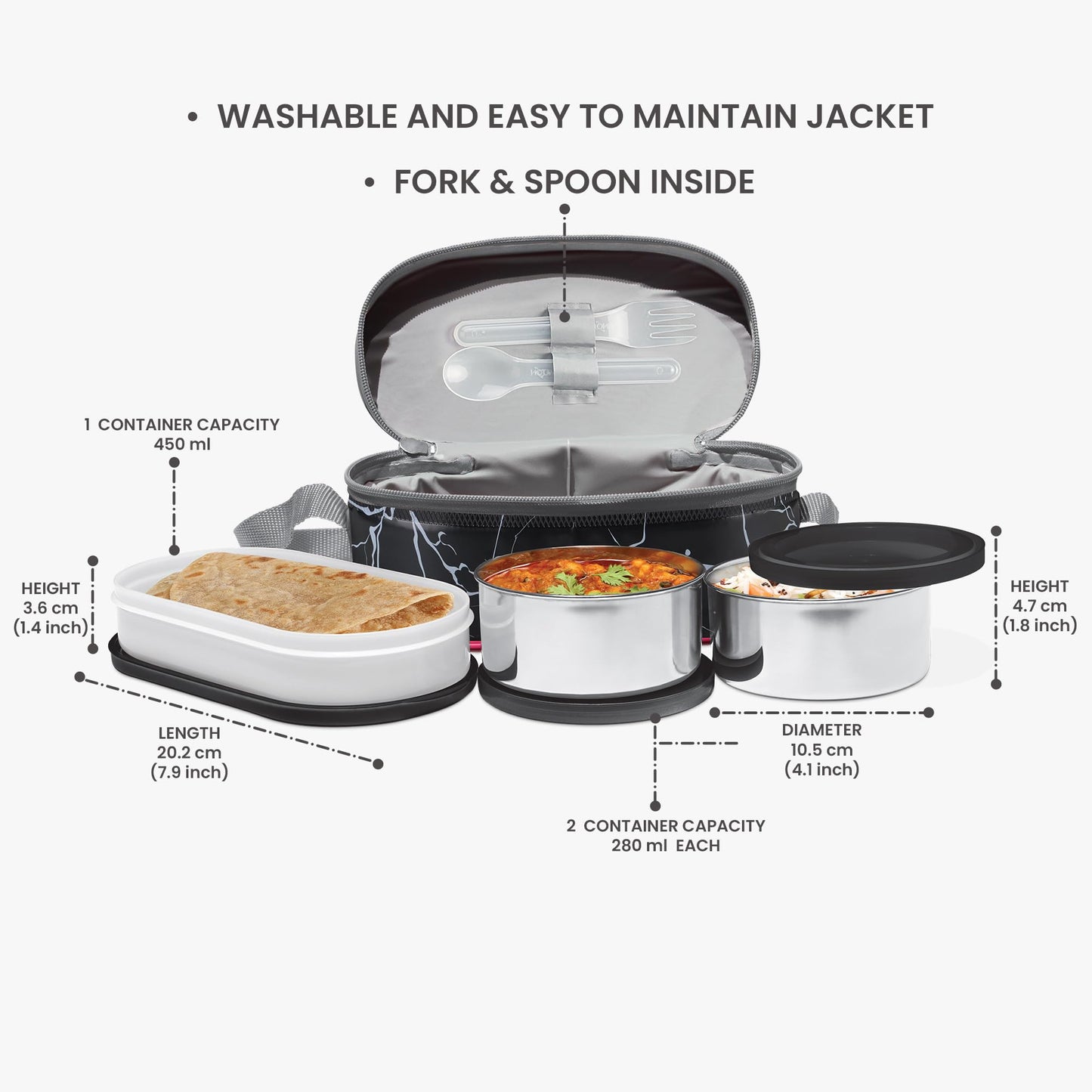 Milton Executive Lunch Box 2 Inner Steel Round Containers 280ml Each and 1 Microwave Safe Oval Plastic Container 450ml with Insulated Bag Office Tiffin Leakproof Easy to Carry - Black