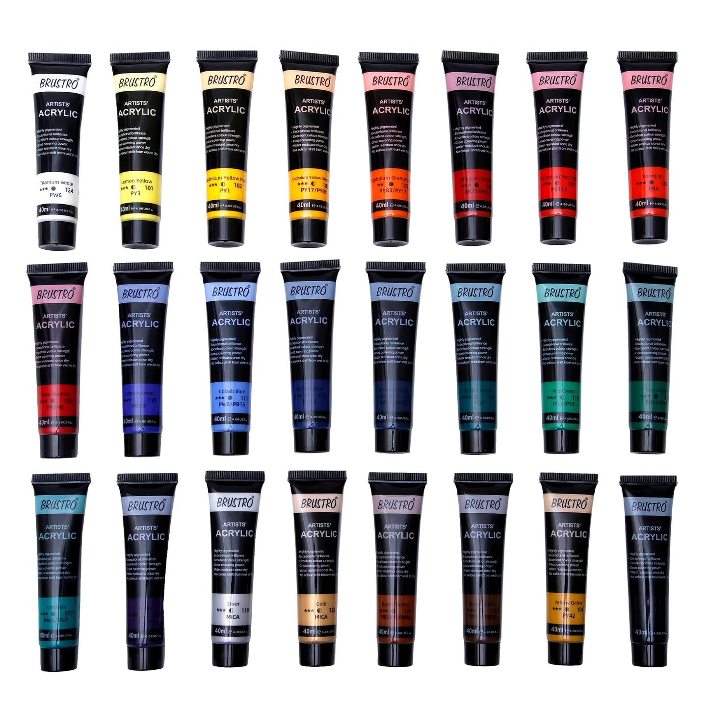 Brustro Artist's Acrylic Colour Paint Set of 24 x 40ml Color Tubes