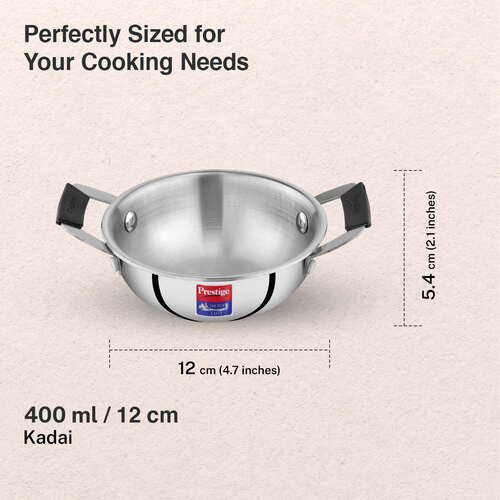 Prestige 12cm/400ml Tri-Ply Stainless Steel Cute Kadai Gas & Induction Compatible Even Heat Distribution Perma-Cool Handles Thick Gauge Life Time Warranty