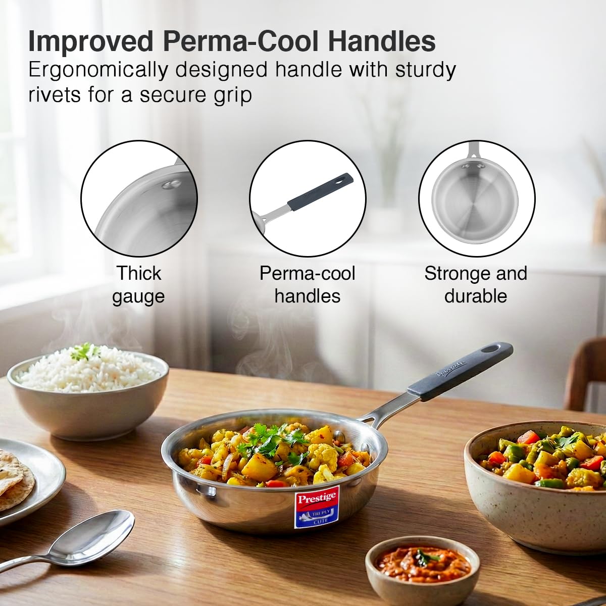 Prestige 12cm/400ml Tri-Ply Stainless Steel Cute Fry Pan Gas & Induction Compatible Even Heat Distribution Perma-Cool Handles Thick Gauge Life Time Warranty