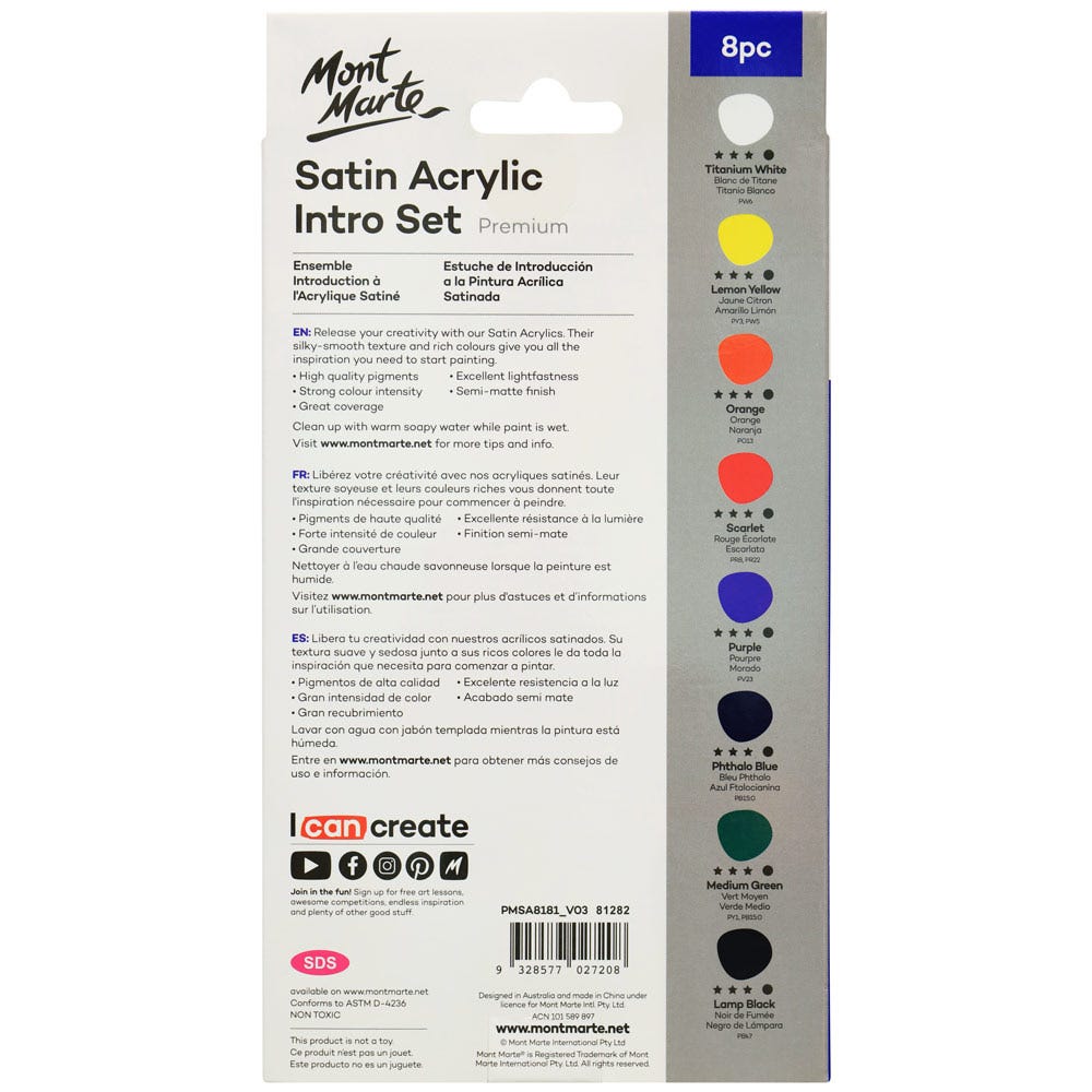 Mont Marte Satin Acrylic Intro Set Premium 8pc x 18ml (0.6 US fl.oz)