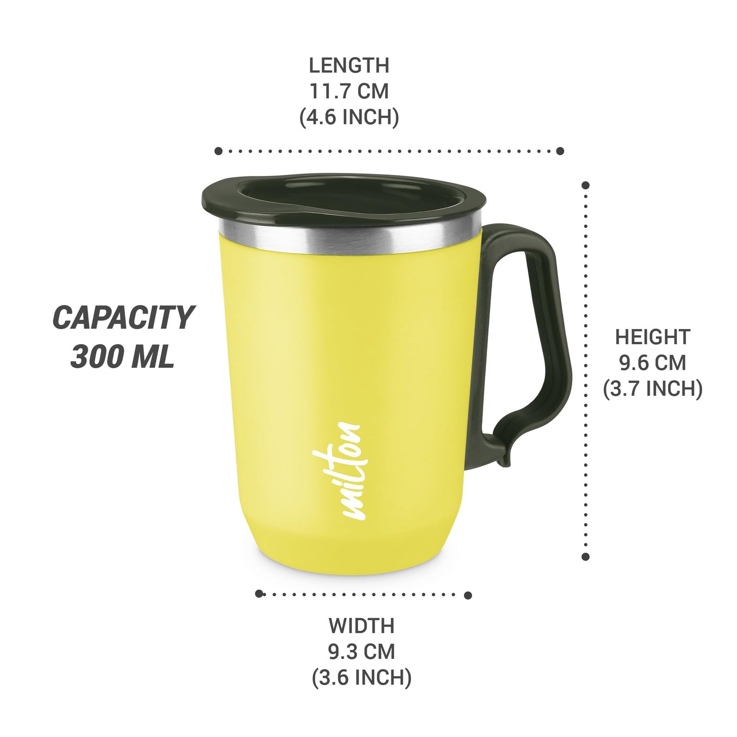 Milton Cool Touch Coastal 350 Stainless Steel Mug with Lid 300 ml Yellow Wide Mouth for Easy Cleaning Sturdy Handle Hot and Cold Beverages Flap Lid Microwave Safe Light Weight BPA Free