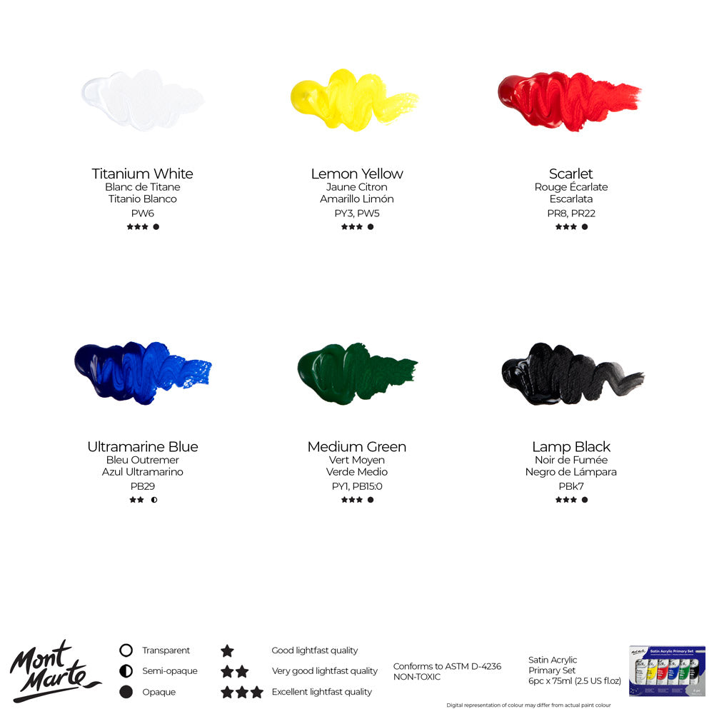 Mont Marte Satin Acrylic Primary Set 6 x 75ml (2.5 US fl.oz)