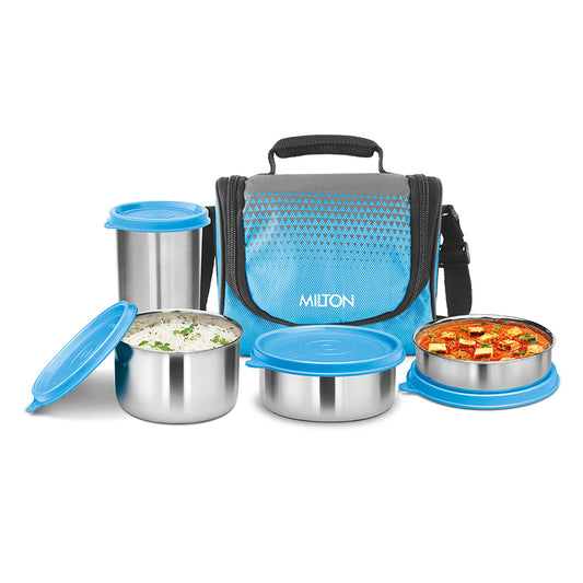 Milton Tasty 3 Stainless Steel Combo Lunch Box, 3 Containers (200 ml, 320 ml, 500 ml) and 1 Tumbler, 380 ml, Cyan | Leak proof | Easy to carry | Odour Proof | Food Grade | Easy to Clean