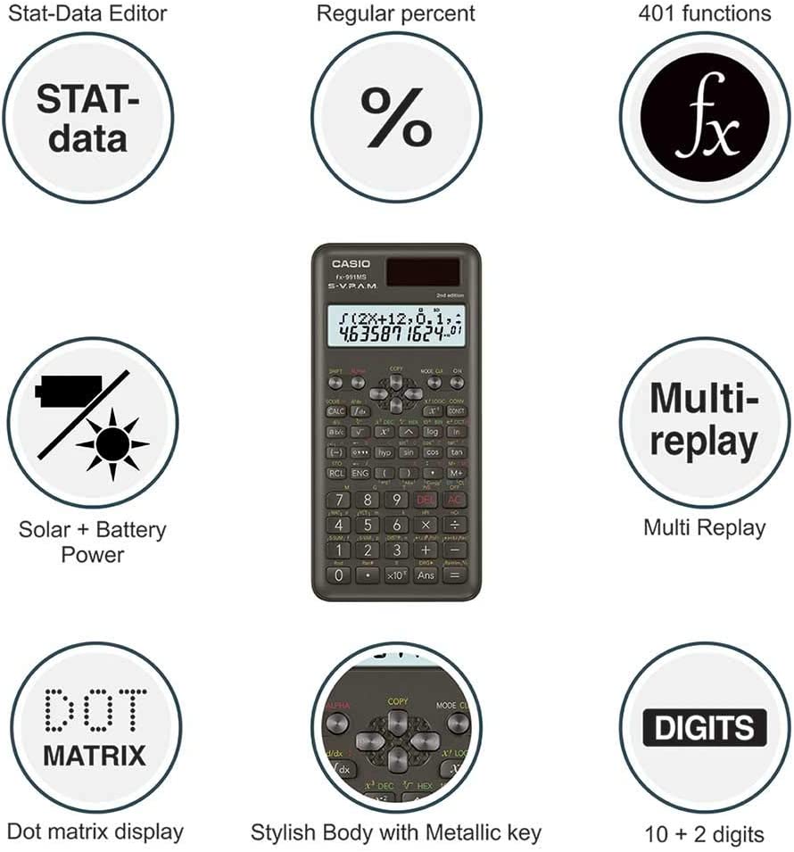 Casio FX-991MS 2nd Gen Non-Programmable Scientific Calculator, 401 Functions and 2-line Display - Black